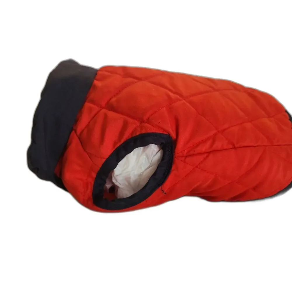 Sporn Red 6 Foot Dog Leash with Red and Navy Blue Quilted Dog Jacket Size Small